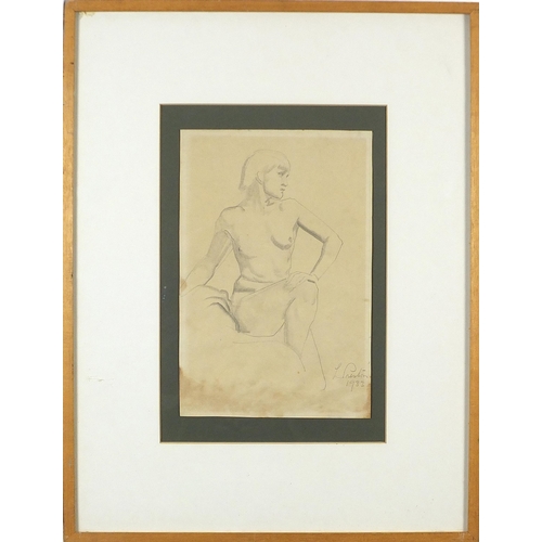 1389 - Nude female, pencil on paper, indistinctly signed, possibly L Preston, indistinct details verso, mou... 