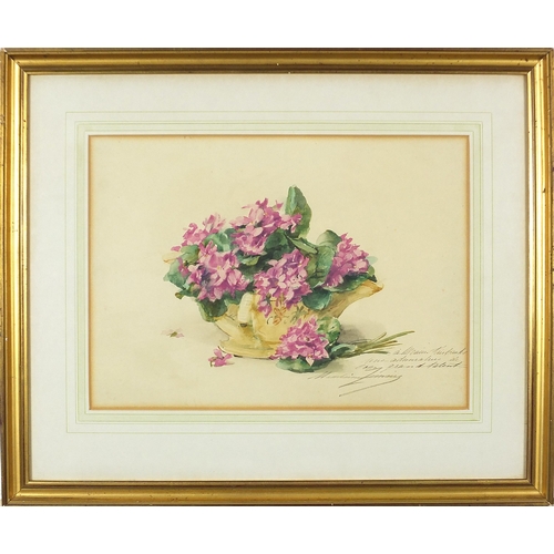 1755 - Still life flowers in a vessel, watercolour, indistinctly signed and inscribed in ink, mounted, fram... 