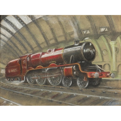 431 - Locomotive at a station, railway interest heightened pastel on board, indistinctly signed, possibly ... 