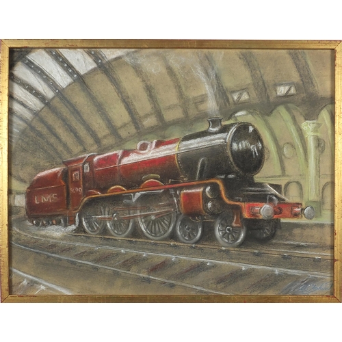 431 - Locomotive at a station, railway interest heightened pastel on board, indistinctly signed, possibly ... 