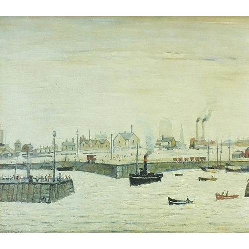 338 - After Laurence Stephen Lowry - Boats on water before buildings, print in colour, mounted, framed and... 