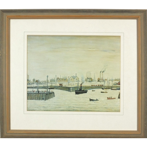 338 - After Laurence Stephen Lowry - Boats on water before buildings, print in colour, mounted, framed and... 