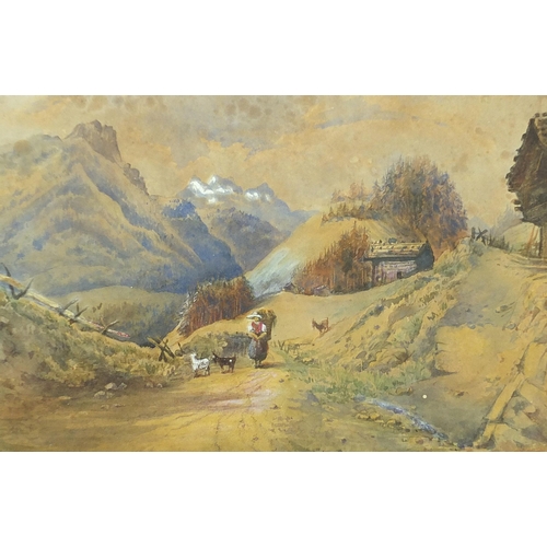 340 - Figure and goats before mountains, 19th century continental heightened watercolour, mounted, framed ... 