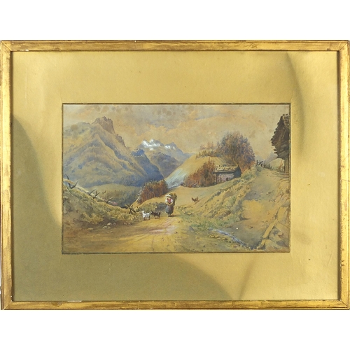 340 - Figure and goats before mountains, 19th century continental heightened watercolour, mounted, framed ... 