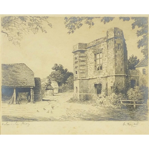 1493 - Anthony Hill - Wilmington Priory, pencil signed etching, mounted, framed and glazed, 20cm x 16.5cm e... 