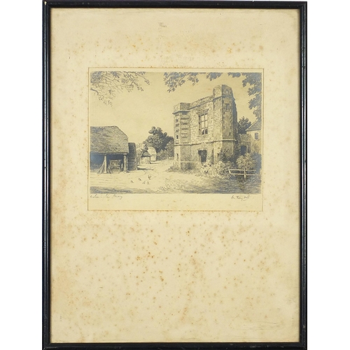 1493 - Anthony Hill - Wilmington Priory, pencil signed etching, mounted, framed and glazed, 20cm x 16.5cm e... 