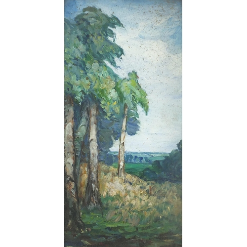 527 - Trees before landscape, continental oil, mounted, framed and glazed, 39.5cm x 19cm excluding the mou... 