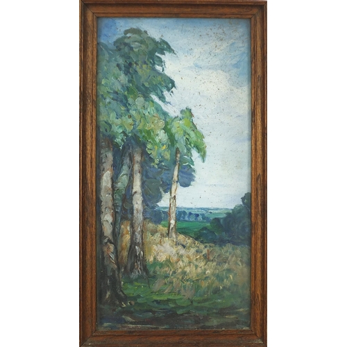 527 - Trees before landscape, continental oil, mounted, framed and glazed, 39.5cm x 19cm excluding the mou... 