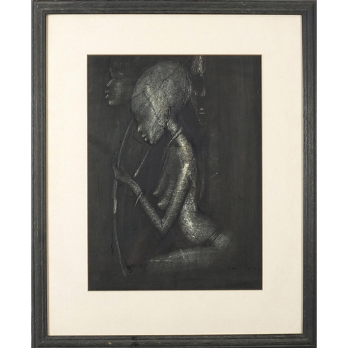 52 - Simon Okeke 1963 - Three nude females, Nigerian mixed media, mounted, framed and glazed, 37cm x 27cm... 