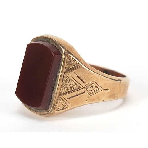 783A - Victorian 9ct gold carnelian signet ring with engraved shoulders, hallmarked Birmingham 1881, size P... 