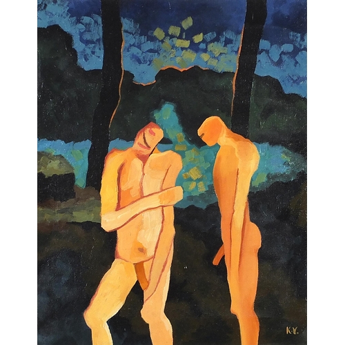 172 - Two nude males, Modern British school oil on canvas, mounted and framed, 51cm x 40cm excluding the m... 