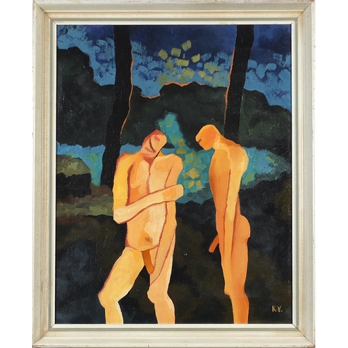 172 - Two nude males, Modern British school oil on canvas, mounted and framed, 51cm x 40cm excluding the m... 