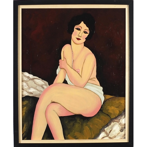 78 - Semi nude female, continental school oil on Masonite, mounted and framed, 50cm x 40cm excluding the ... 