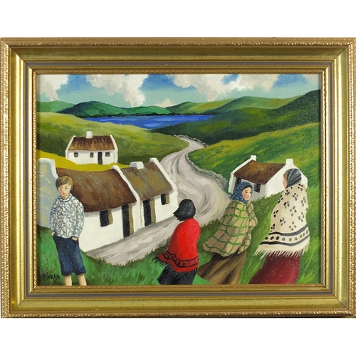 362 - Figures before cottages, Irish school oil on canvas board, mounted and framed, 39cm x 30cm excluding... 