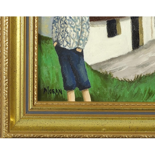 362 - Figures before cottages, Irish school oil on canvas board, mounted and framed, 39cm x 30cm excluding... 