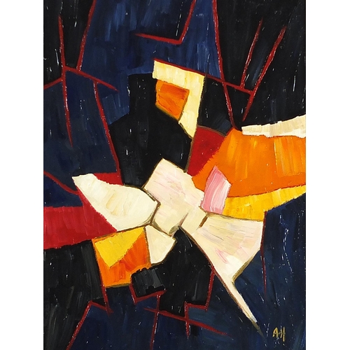 339 - Abstract composition, geometric shapes, modern British oil on canvas board, mounted and framed, 41cm... 