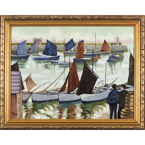 262 - Figures before boats in a harbour, modern British school oil on canvas board, mounted and framed, 40... 