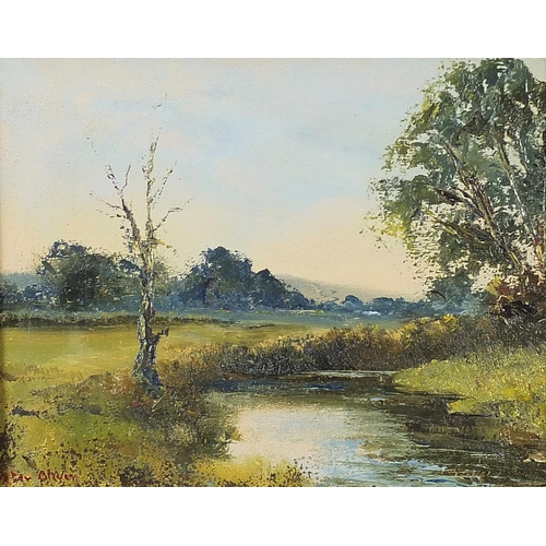 530 - Peter Oliver - The Yarty near Stockland, British oil on Masonite, label verso, mounted and framed, 2... 