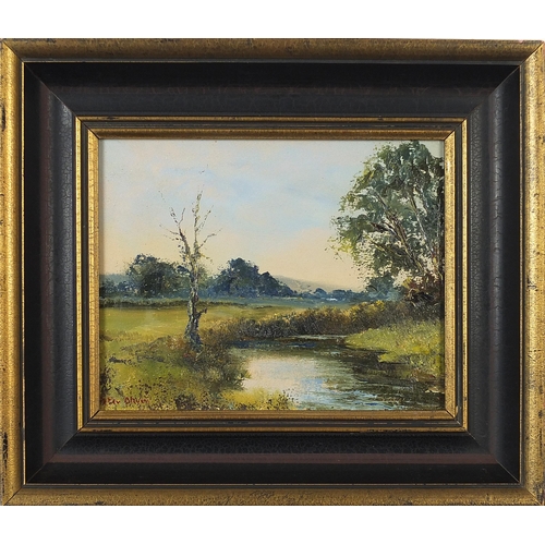 530 - Peter Oliver - The Yarty near Stockland, British oil on Masonite, label verso, mounted and framed, 2... 