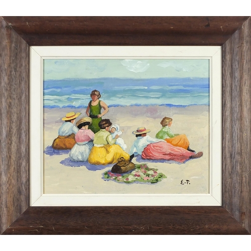 290 - Beach scene with figures, American school oil on canvas board, mounted and framed, 29cm x 23cm exclu... 