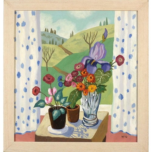 97 - Still life flowers before a landscape, modern British oil on Masonite, framed, 49cm x 46cm excluding... 