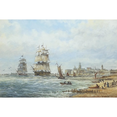 432 - D E Beer - Coastal scene with ships and figures before a port, maritime watercolour, mounted, framed... 