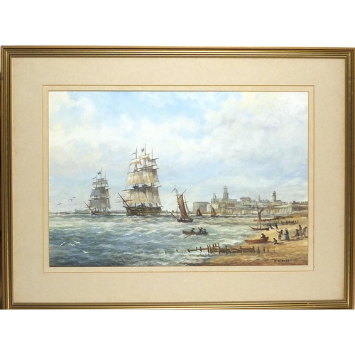 432 - D E Beer - Coastal scene with ships and figures before a port, maritime watercolour, mounted, framed... 