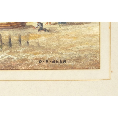 432 - D E Beer - Coastal scene with ships and figures before a port, maritime watercolour, mounted, framed... 