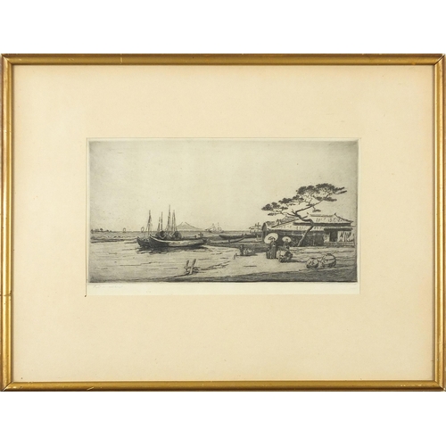 1316 - Robert W Allan - Females wearing kimonos before boats, pencil signed print, mounted, framed and glaz... 