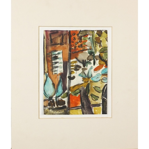 194 - School of John Bratby - Abstract composition, interior scene, watercolour and ink on card, mounted, ... 