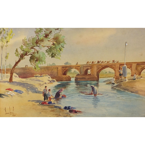 22 - Sumbat Kureghian - River scene with camels and figures, Iranian heightened watercolour on card, deta... 