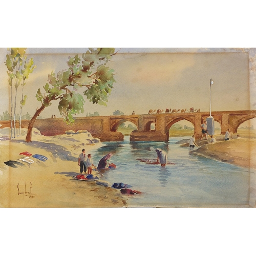22 - Sumbat Kureghian - River scene with camels and figures, Iranian heightened watercolour on card, deta... 