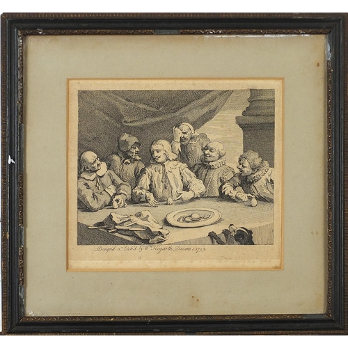 412 - After William Hogarth - Columbus breaking the eggs, 18th century engraving, mounted, framed and glaz... 
