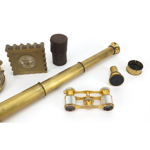 1359 - Objects including a three draw telescope and a pair of mother of pearl brass opera glasses, the larg... 