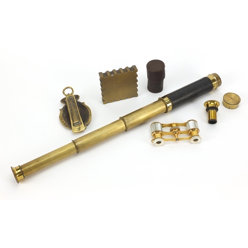 1359 - Objects including a three draw telescope and a pair of mother of pearl brass opera glasses, the larg... 