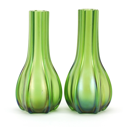 1220 - Pair of Art Nouveau iridescent green glass vases in the style of Loetz, each 18cm high