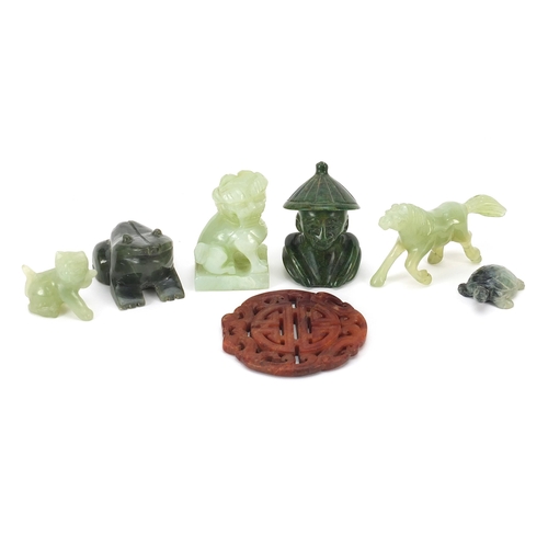 1514 - Chinese and other jade and hardstone carvings including a Foo dog and Wang Mu horse, the largest 8cm... 