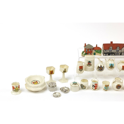 1369 - Crested ware to include W H Goss Anne Hathaway's Cottage night light and Willow Cottage, the largest... 