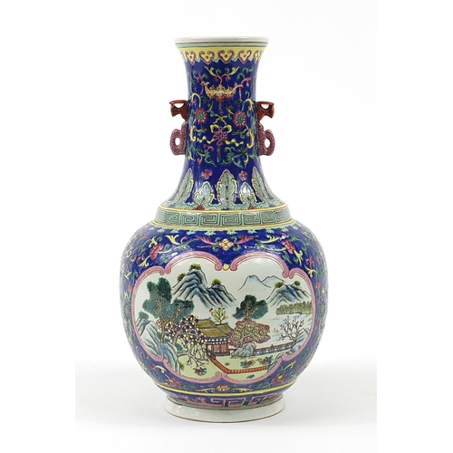 1539 - Chinese porcelain vase with twin handles hand painted with river landscapes and flowers, character m... 