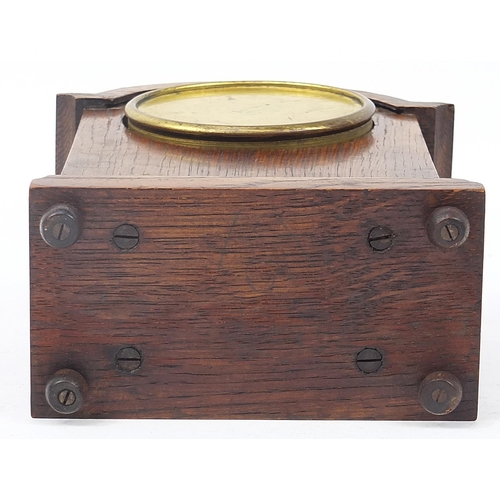 1214 - French oak cased mantle clock with enamel dial and barley twist columns, 20cm high