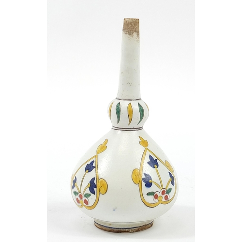 146 - Turkish Kutahya pottery rosewater sprinkler hand painted with flowers, 21.5cm high