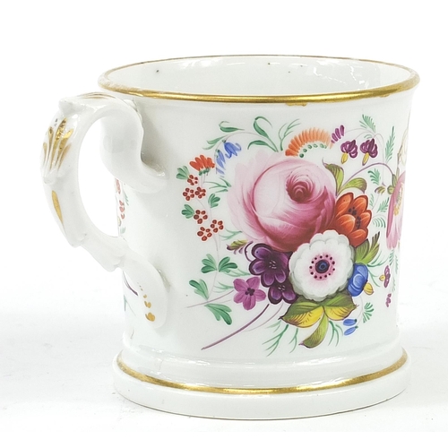 176 - Mid 19th century porcelain mug hand painted with flowers, inscribed Benjamin Bruckwell Amersham 1852... 