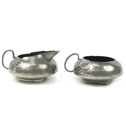 107 - Archibald Knox for Liberty & Co, Arts & Crafts pewter jug and handled bowl, each numbered 0231