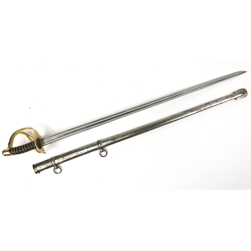 623 - Military interest sword with brass hilt, scabbard and steel blade having engraved marks to the spine... 