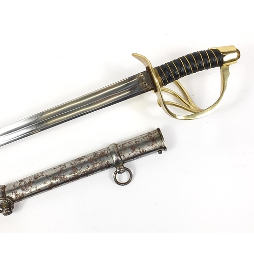 623 - Military interest sword with brass hilt, scabbard and steel blade having engraved marks to the spine... 