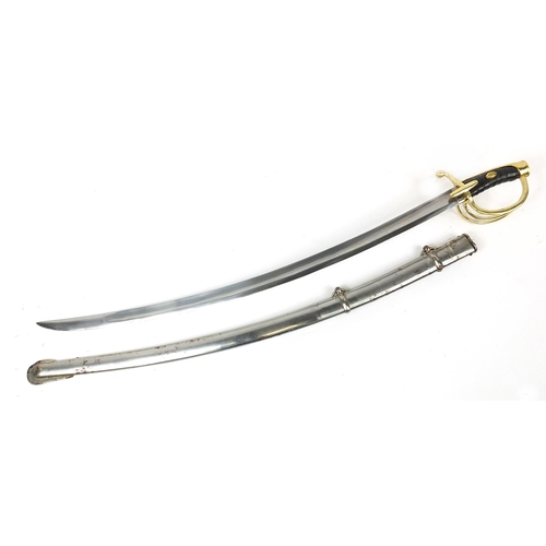 620 - Military interest sabre with scabbard and engraved steel blade, 100cm in length