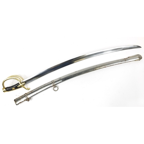 620 - Military interest sabre with scabbard and engraved steel blade, 100cm in length