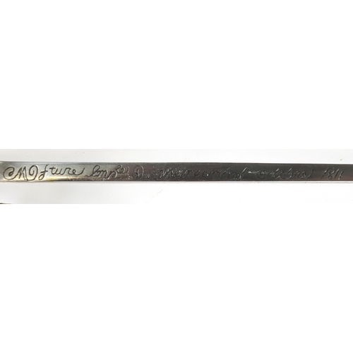 620 - Military interest sabre with scabbard and engraved steel blade, 100cm in length