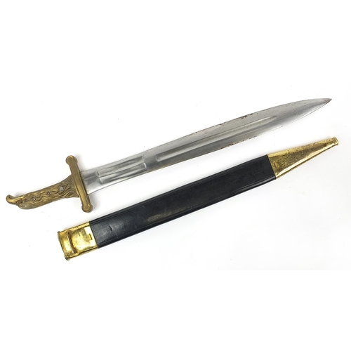 616 - Military interest short sword with eagle handle, scabbard and steel blade, 67cm in length