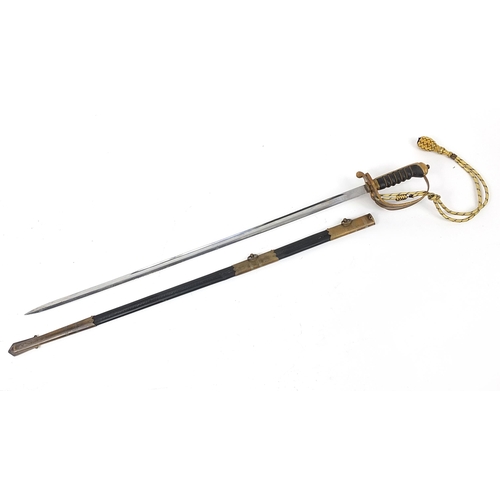 619 - Elizabeth II naval interest dress sword with scabbard by Wilkinson, 96cm in length